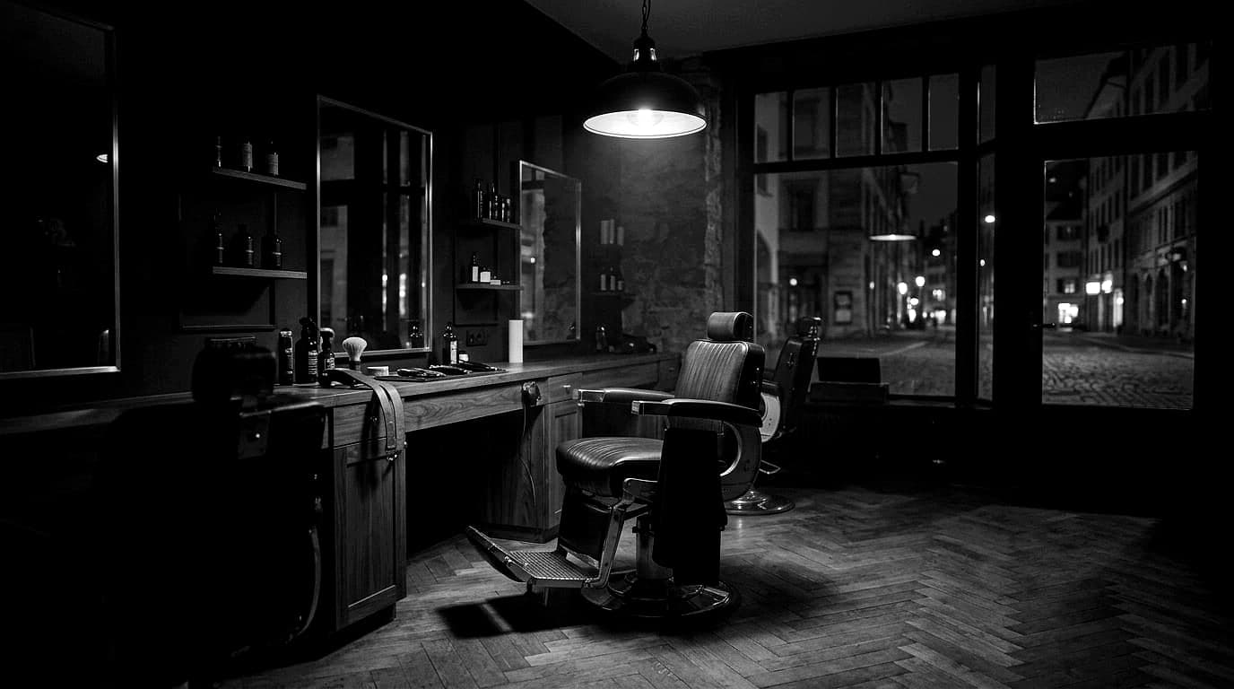 Herren-Coiffeursalon bei Nacht, warm ausgeleuchtet